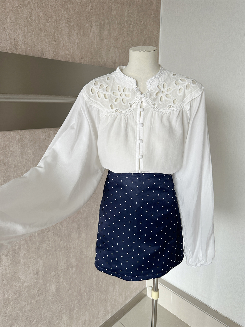 French Style Two-Piece Women's Shirt and Polka Dot Skirt Set - Image 2