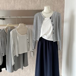Lazy Striped Sun Protection Cardigan Cami Vest High Waist Slimming Skirt Three Piece Set