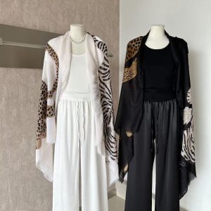Early Autumn Leopard Print Shawl and Simple Short Sleeve T-Shirt and Elastic Waist Casual Pants Three Piece Set