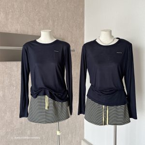 Early Autumn Letter Patch Round Neck Long Sleeve T-Shirt Top and Tie Striped Skirt Two Piece Set