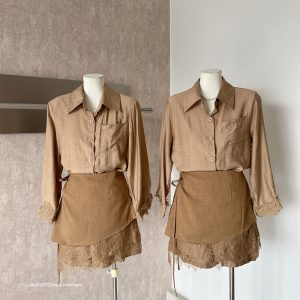 Early Autumn Lace Spliced Long Sleeve Shirt and Shorts Three Piece Set