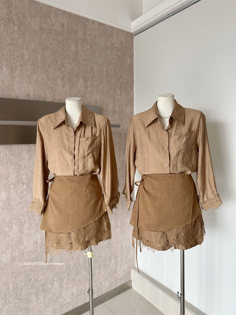 Early Autumn Lace Spliced Long Sleeve Shirt and Shorts Three Piece Set