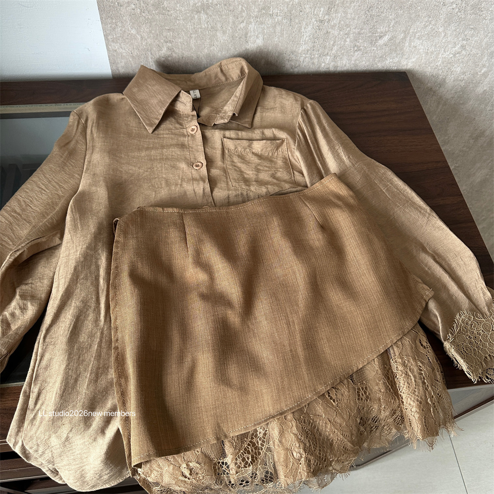 Early Autumn Lace Spliced Long Sleeve Shirt and Shorts Three Piece Set - Image 5