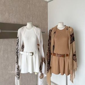 Leopard Print Retro Scarf Shawl Cutout Knit Dress Two-Piece Set