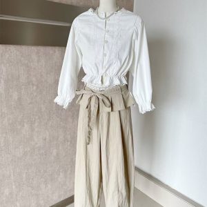 New Women's 3/4 Sleeve Shirt and Ruffle Wide-Leg Pants Korean Commuter Two-Piece Set