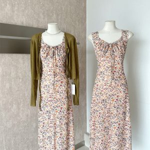 Korean Style Thin Cardigan and Floral Cami Waist Dress Two Piece Set
