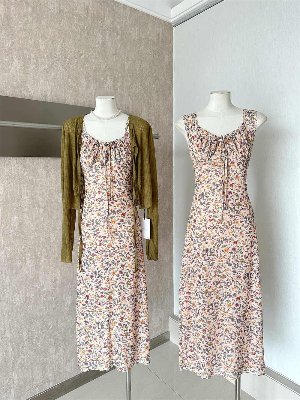 Korean Style Thin Cardigan and Floral Cami Waist Dress Two Piece Set