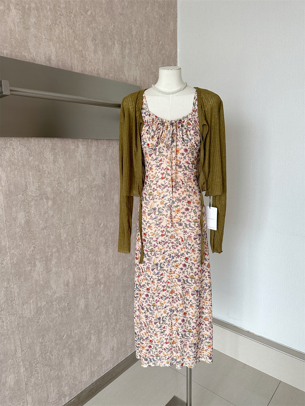 Korean Style Thin Cardigan and Floral Cami Waist Dress Two Piece Set - Image 2
