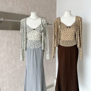 Polka Dot Heart Long Sleeve Cardigan Lace Cami Vest Slimming Three Piece Set with Knit Skirt