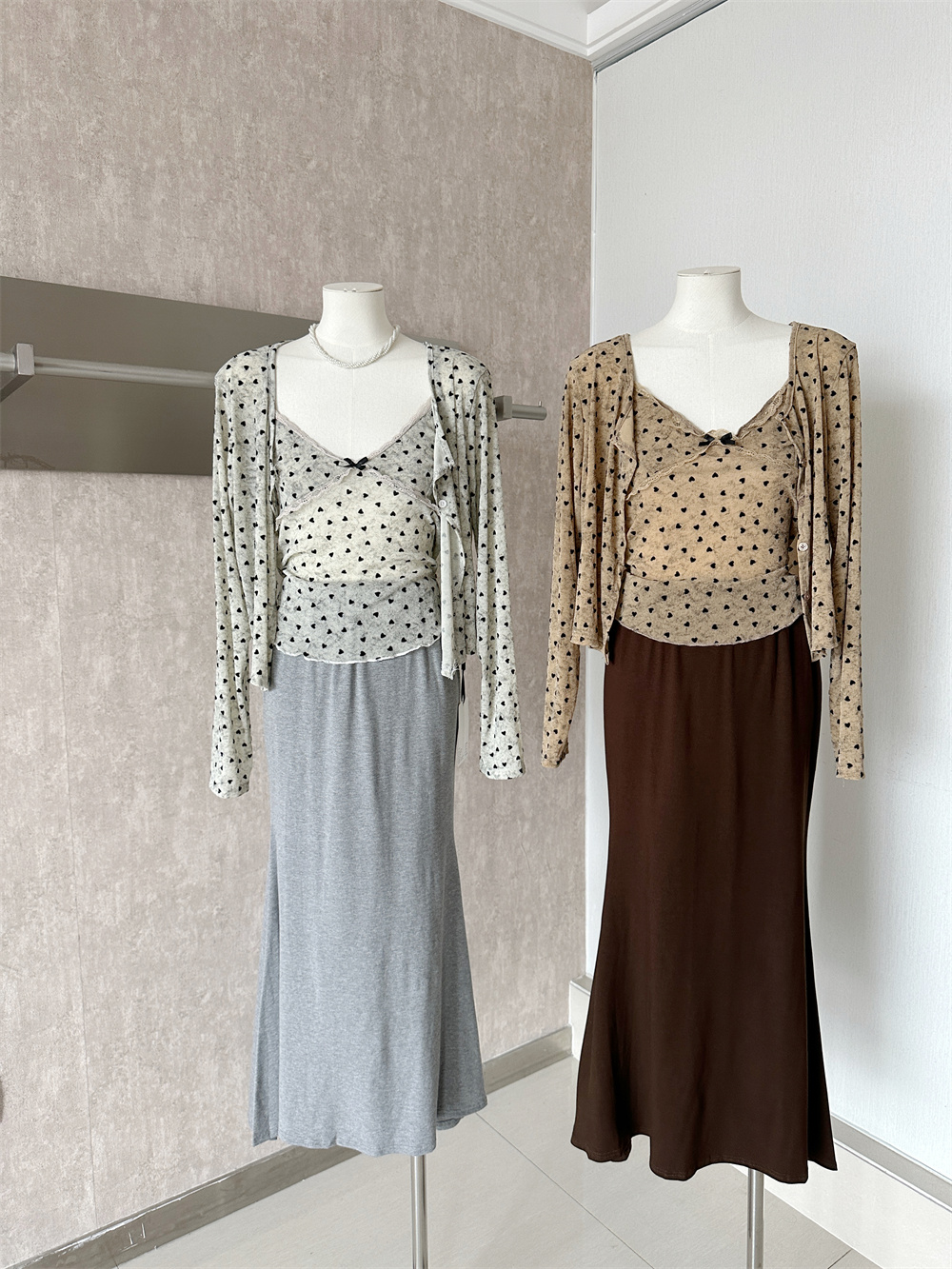 Polka Dot Heart Long Sleeve Cardigan Lace Cami Vest Slimming Three Piece Set with Knit Skirt