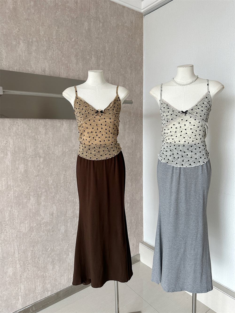 Polka Dot Heart Long Sleeve Cardigan Lace Cami Vest Slimming Three Piece Set with Knit Skirt - Image 2