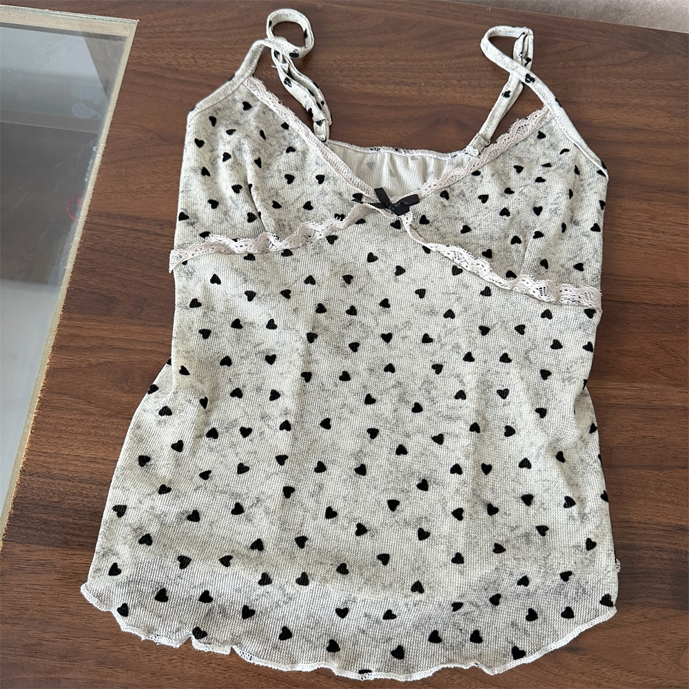 Polka Dot Heart Long Sleeve Cardigan Lace Cami Vest Slimming Three Piece Set with Knit Skirt - Image 5